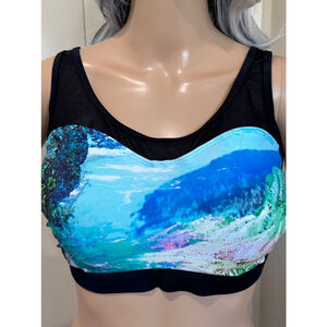 Athleta swim/Sports Bra, 38 D/DD, Blue tropical print mesh trim padded NWOT